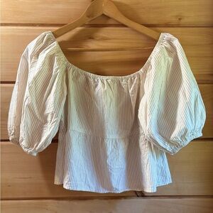 Cream and Beige Striped Ruffled Puff Sleeve Blouse. Size Large